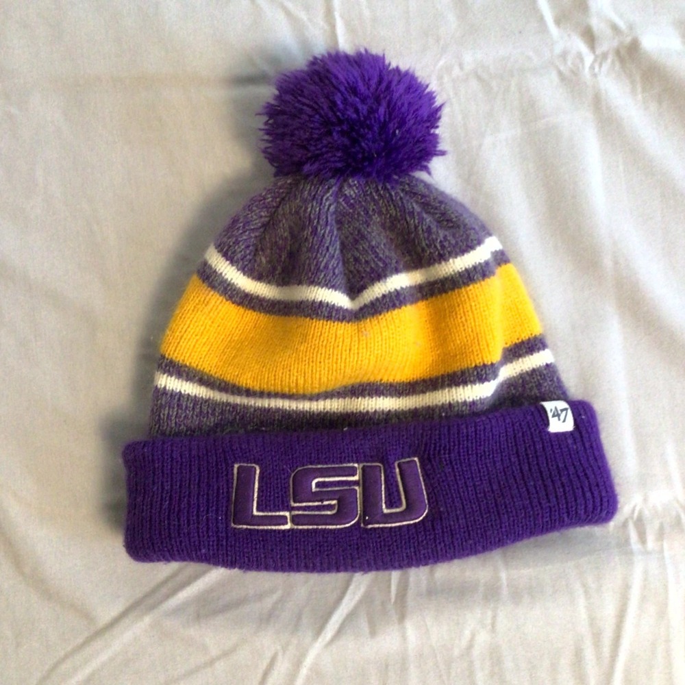 '47 LSU Tigers Football Men's Beanie Hat Multicolor‎ Striped Pom Pom Knit Winter